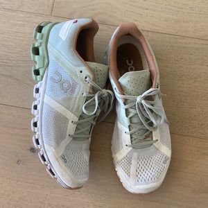 On Cloud tennis shoes terra cotta and sage green